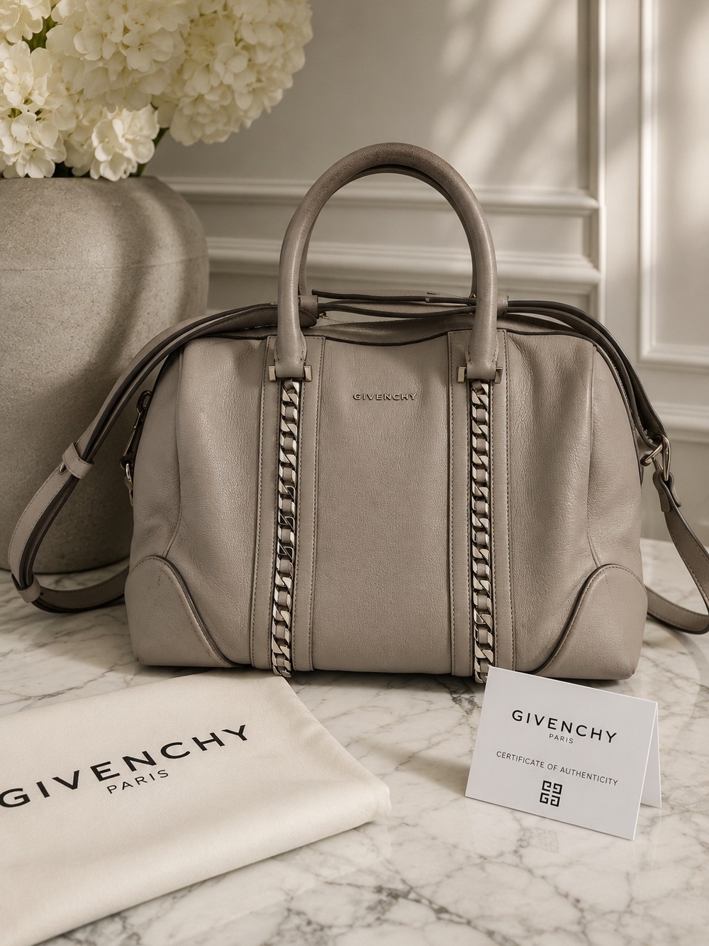 Givenchy Medium Pandora Pure Flap Bag Taupe Grey Leather Authentic